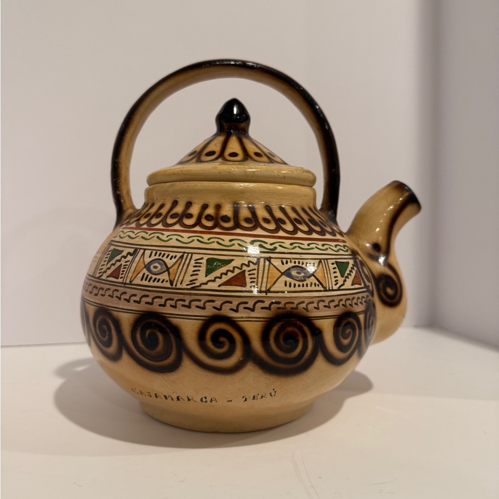 Artisan Ceramic Teapot with Intricate Patterns - Tan and Black